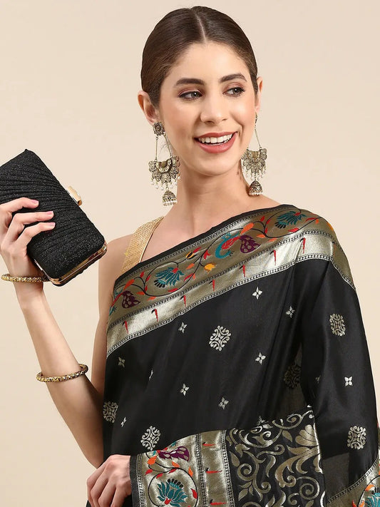 Yevla Paithani Minakari Work Silk Saree in Black Colour