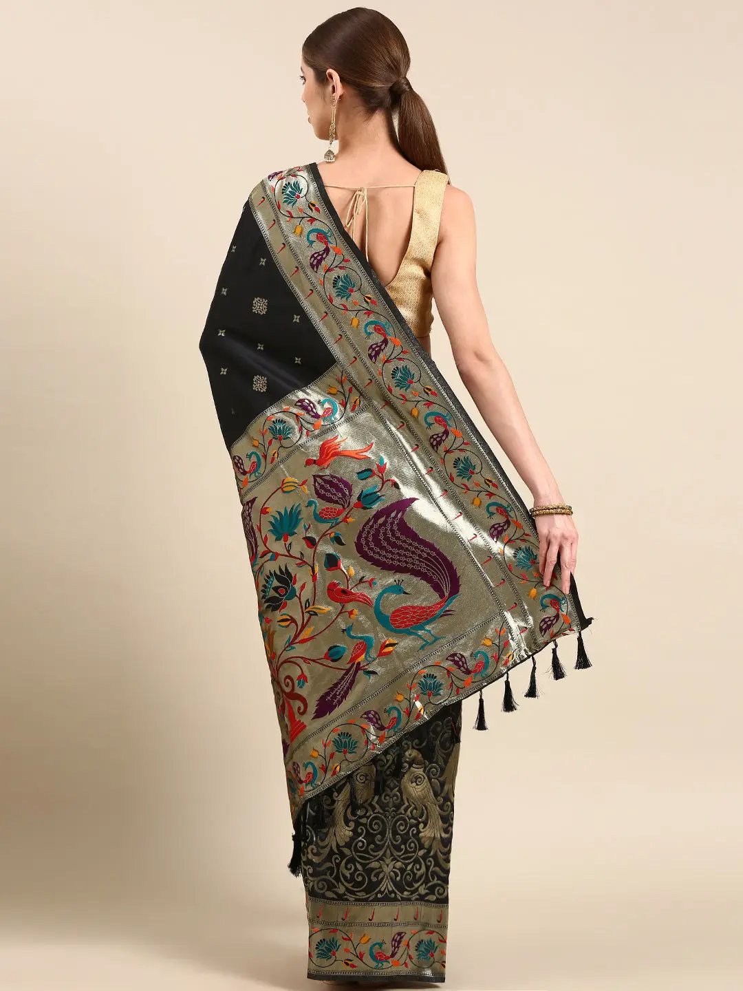 Yevla Paithani Minakari Work Silk Saree in Black Colour