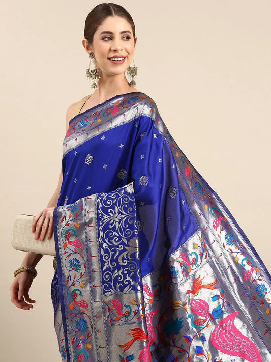 Yevla Paithani Minakari Work Silk Saree in indigo Colour