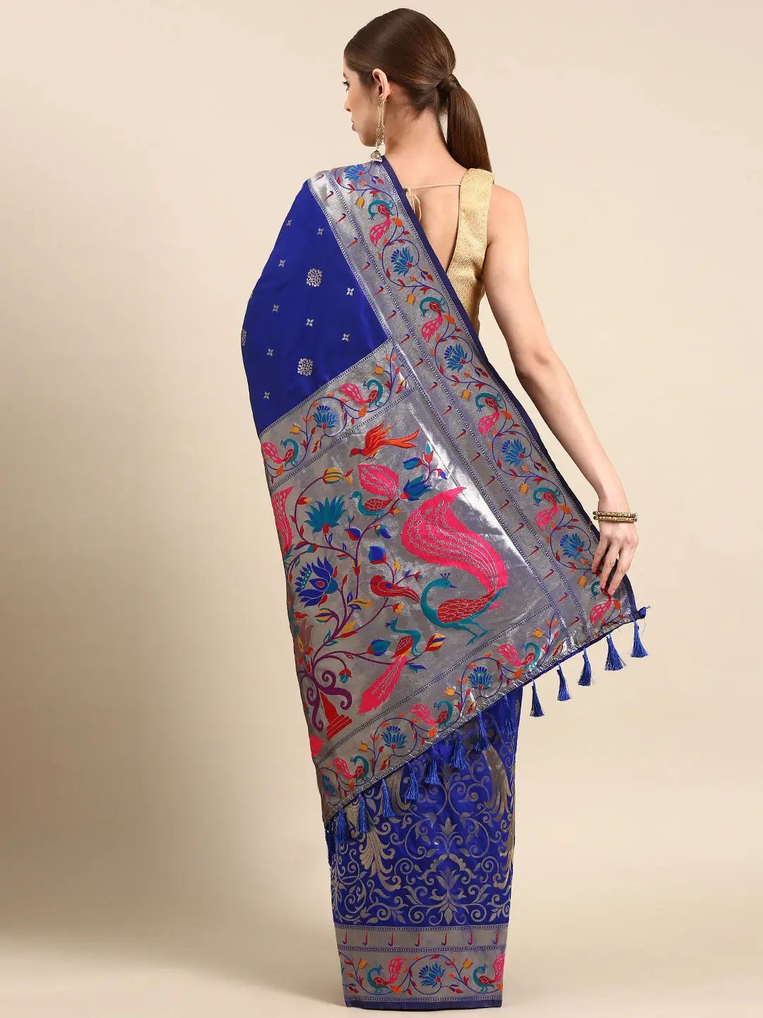 Yevla Paithani Minakari Work Silk Saree in indigo Colour