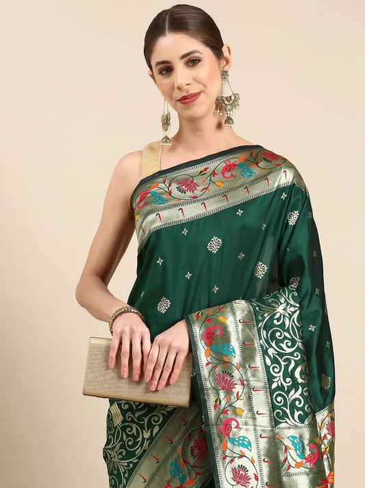 Yevla Paithani Minakari Work Silk Saree in Green Colour