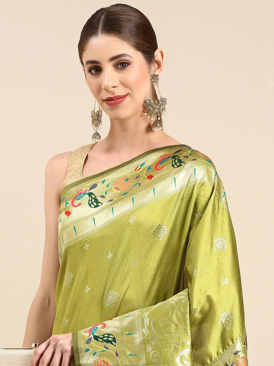 Pista Colour Yevla Paithani Minakari Work Silk Saree by My Store
