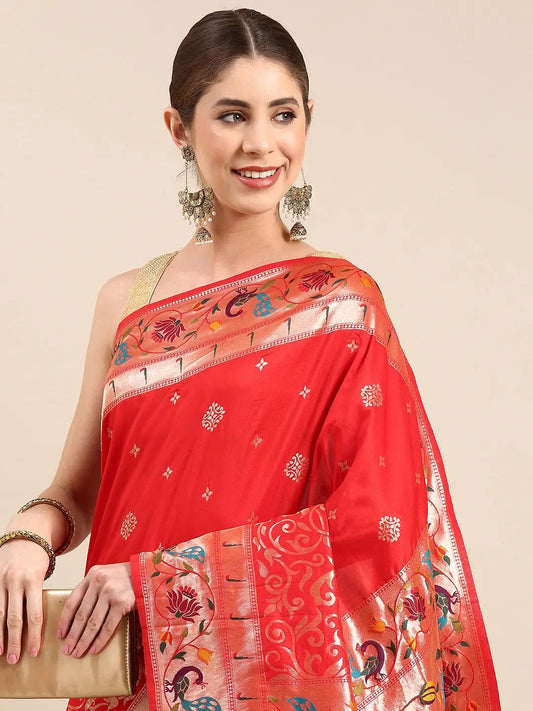 Red Colour Yevla Paithani Minakari Work Silk Saree by My Store