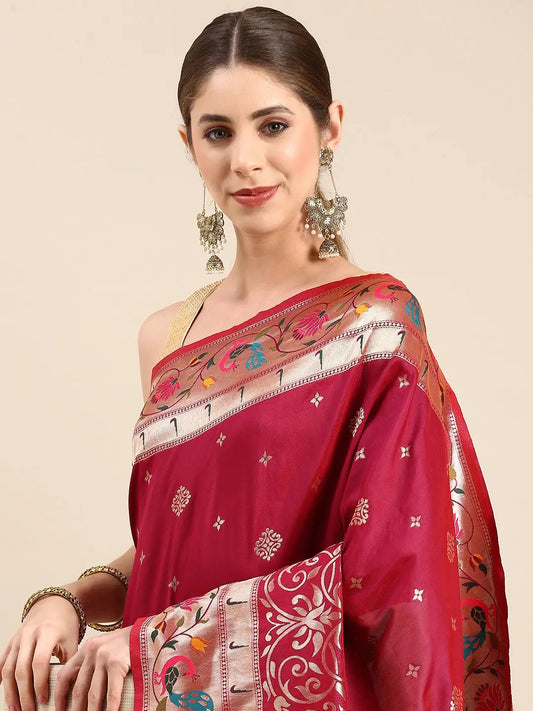 Exquisite Yevla Paithani Maroon Colour Minakari Work Silk Saree by My Store