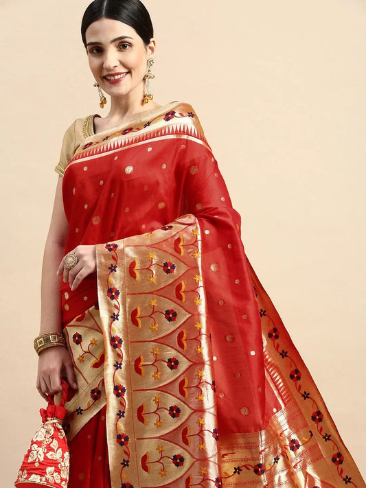 Exquisite Yevla Paithani Minakari Work Silk Saree in Red Colour by My Store