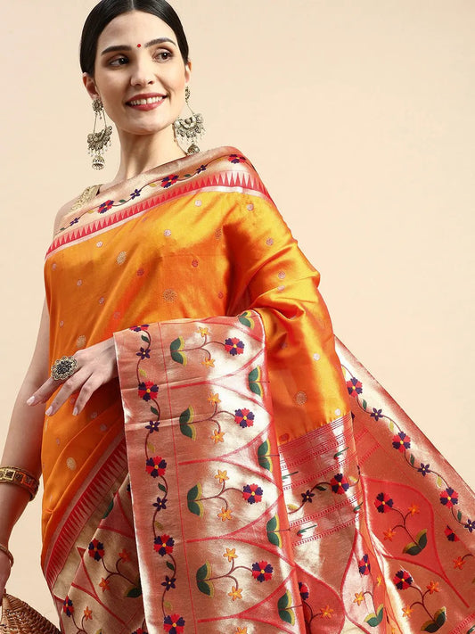 Exquisite Yevla Paithani Minakari Work Silk Saree in Orange Colour by My Store