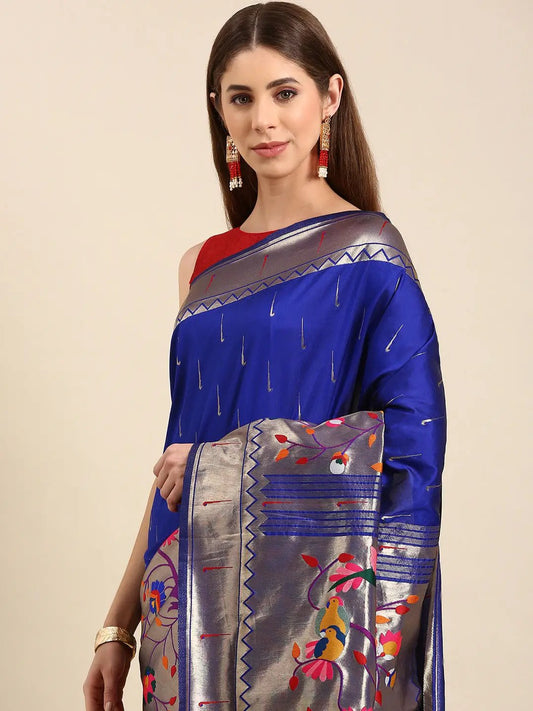 Royal Blue Colour Yevla Paithani Minakari Work Silk Saree by My Store