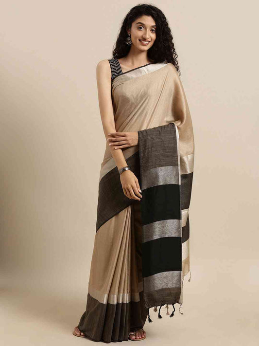 Elegant Beige Colour Solid Linen Blend Saree by My Store