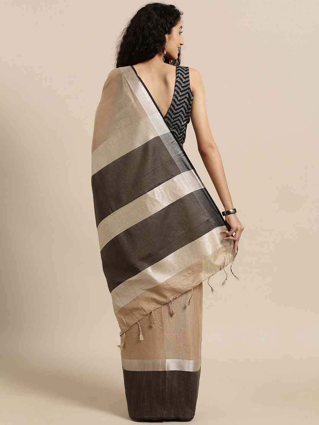 Elegant Beige Colour Solid Linen Blend Saree by My Store