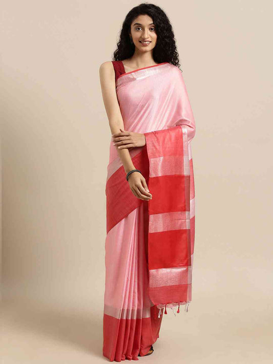 Elegant Red Colour Solid Linen Blend Saree by My Store