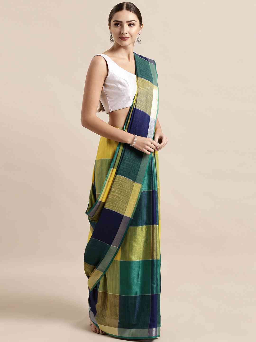 Linen Blend Checked Saree in Green Colour by My Store