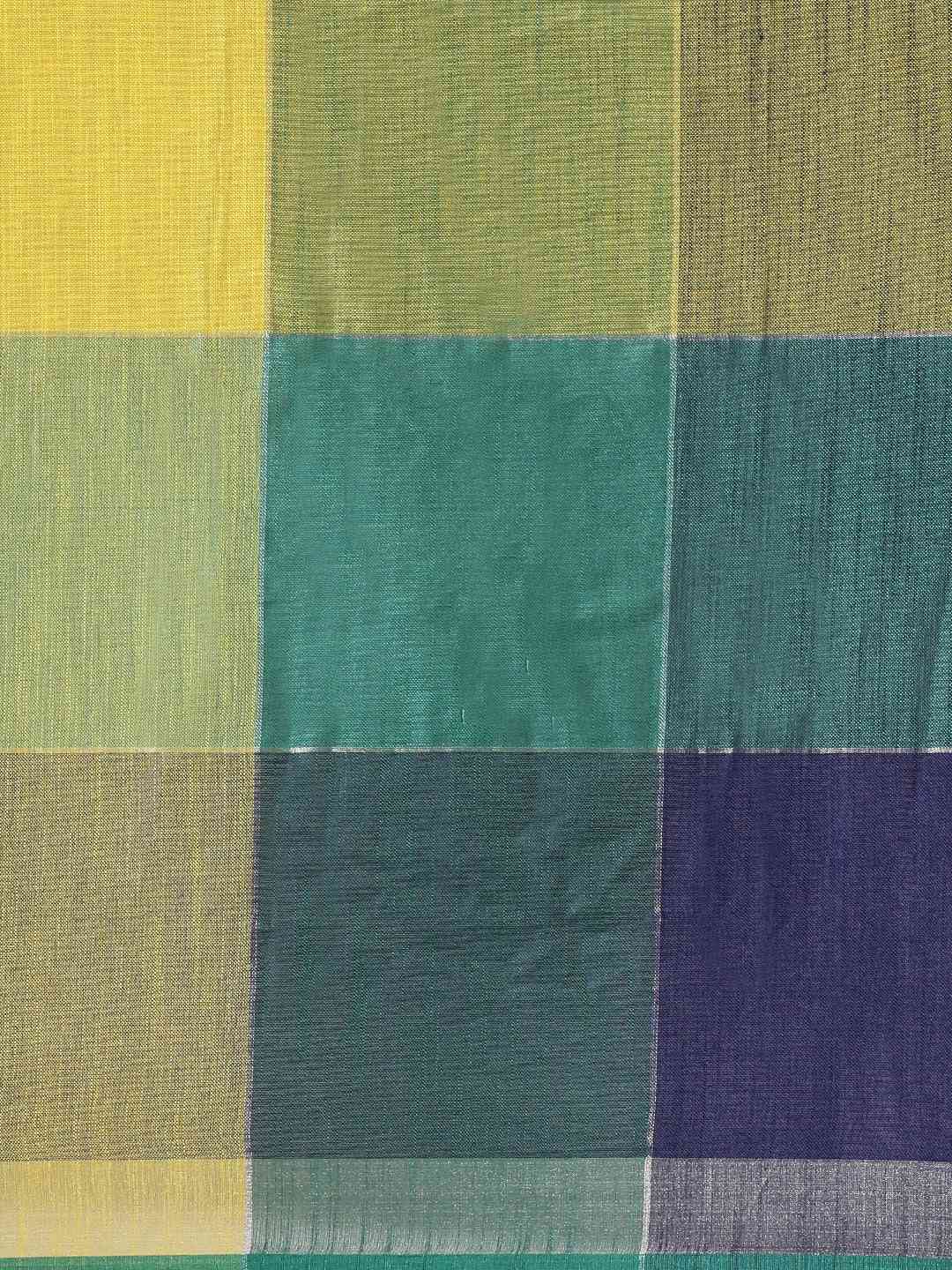 Linen Blend Checked Saree in Green Colour by My Store