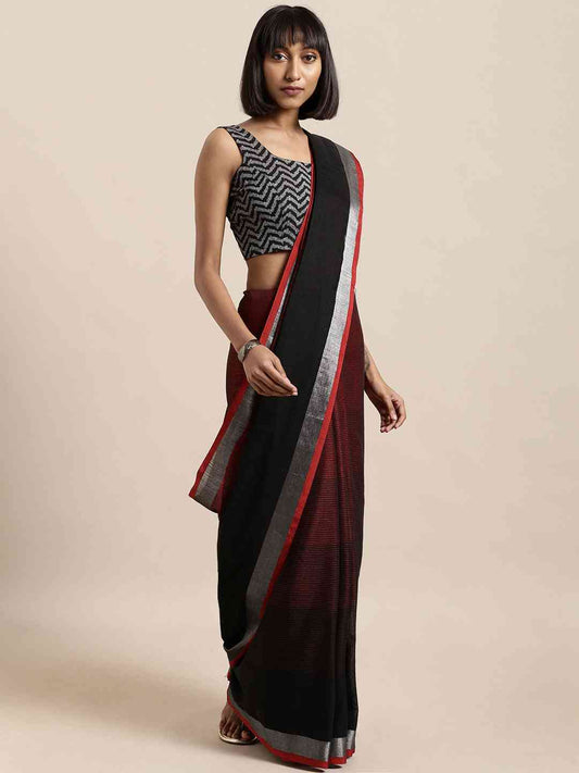 Black Colour Stylish Striped Linen Blend Saree