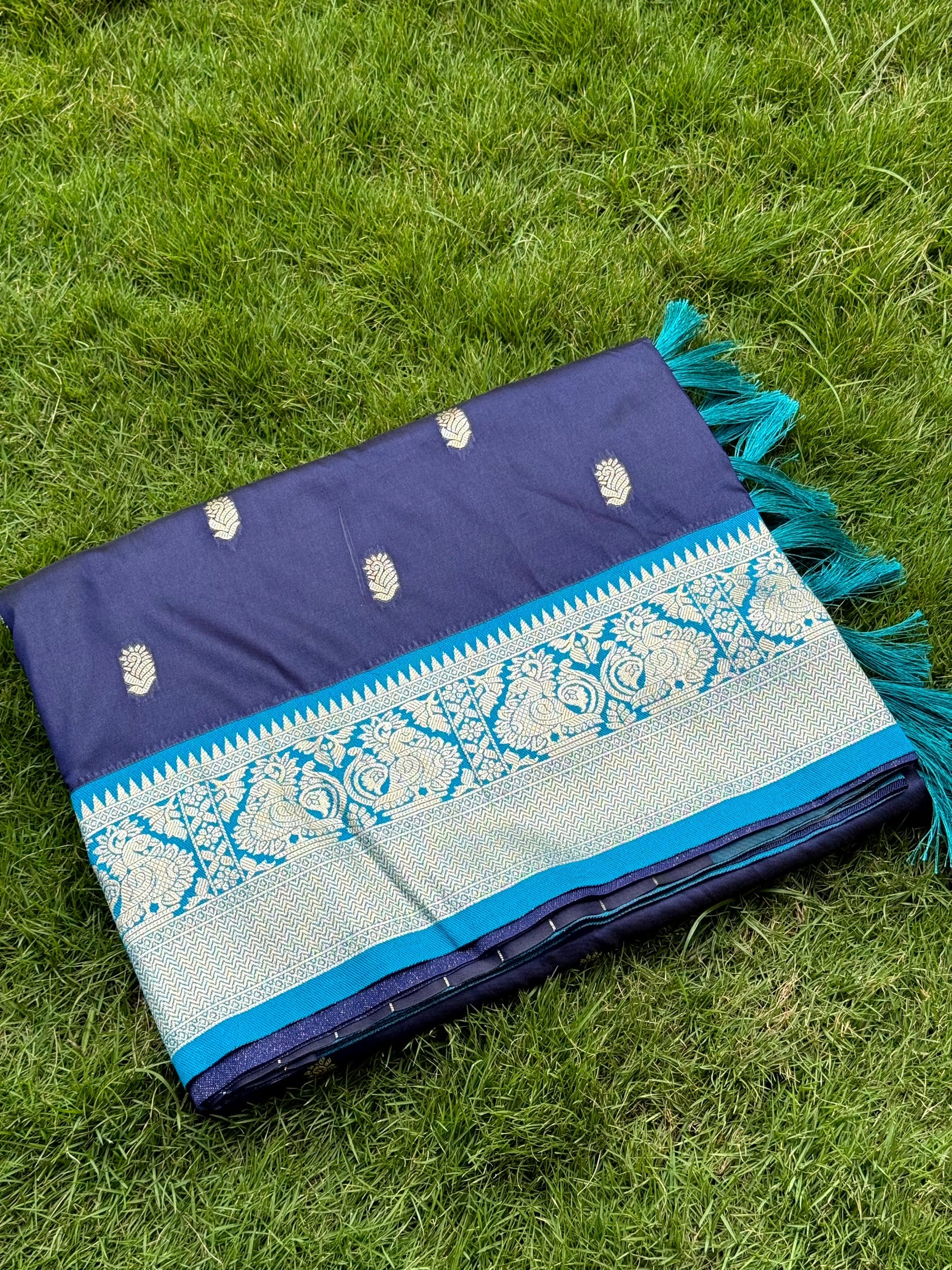 Navy Blue Soft Silk Minakari Work Saree by My Store