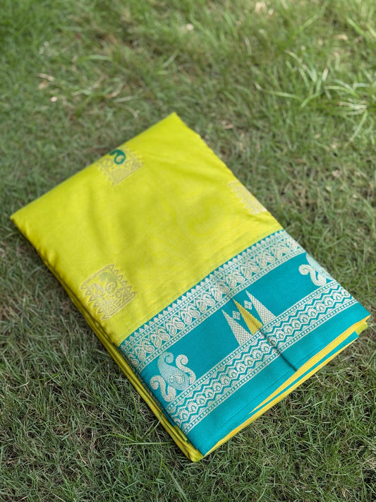 Lime Green Soft Silk Kanjivaram Saree by My Store