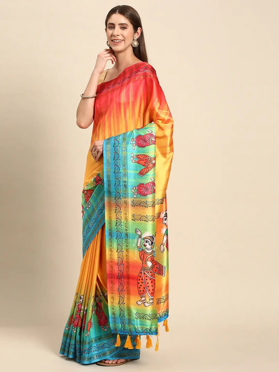 Stylish Kalamkari Silk With Block Print Saree by My Store