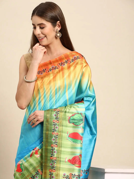 Stylish Kalamkari Silk With Block Print Saree by My Store