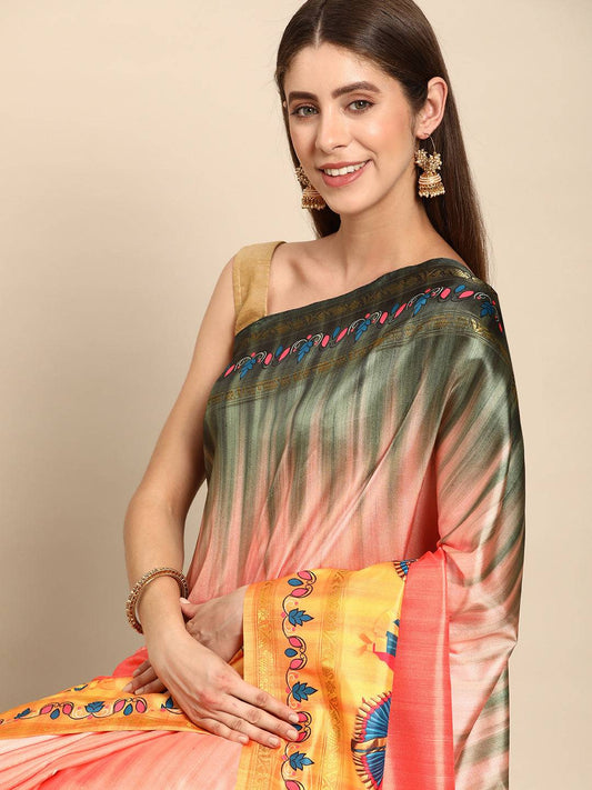 Stylish Kalamkari Silk With Block Print Saree by My Store