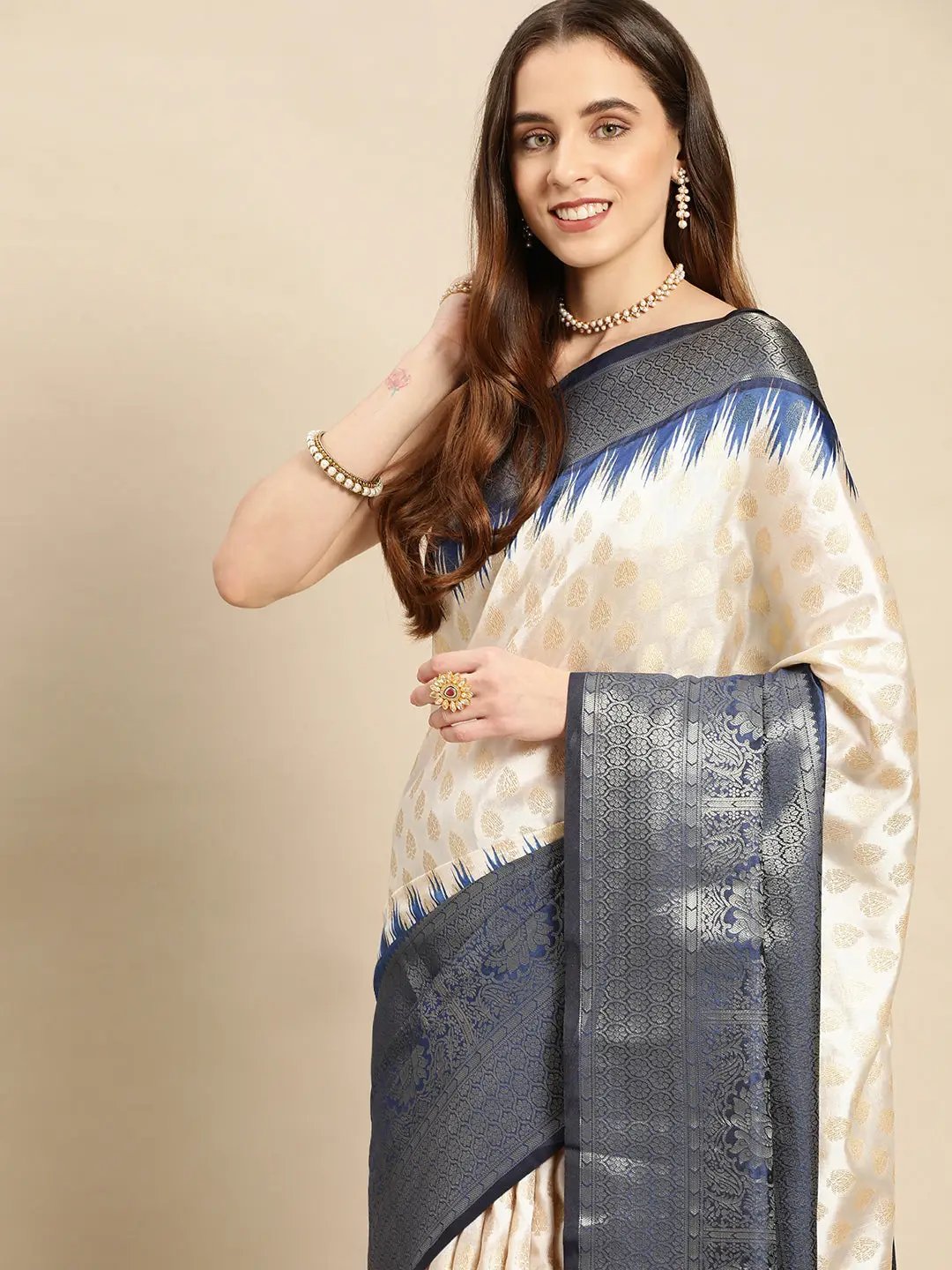 Banarasi Pattu Zari Border Ikkat Design Silk Saree