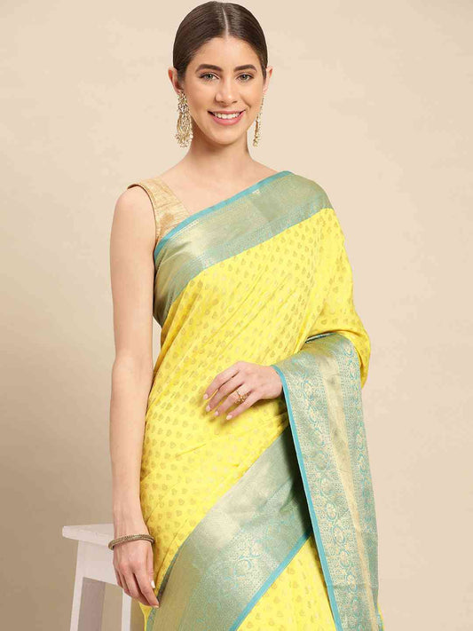 Yellow Banarasi Katan Butti Design Festive Wear Saree