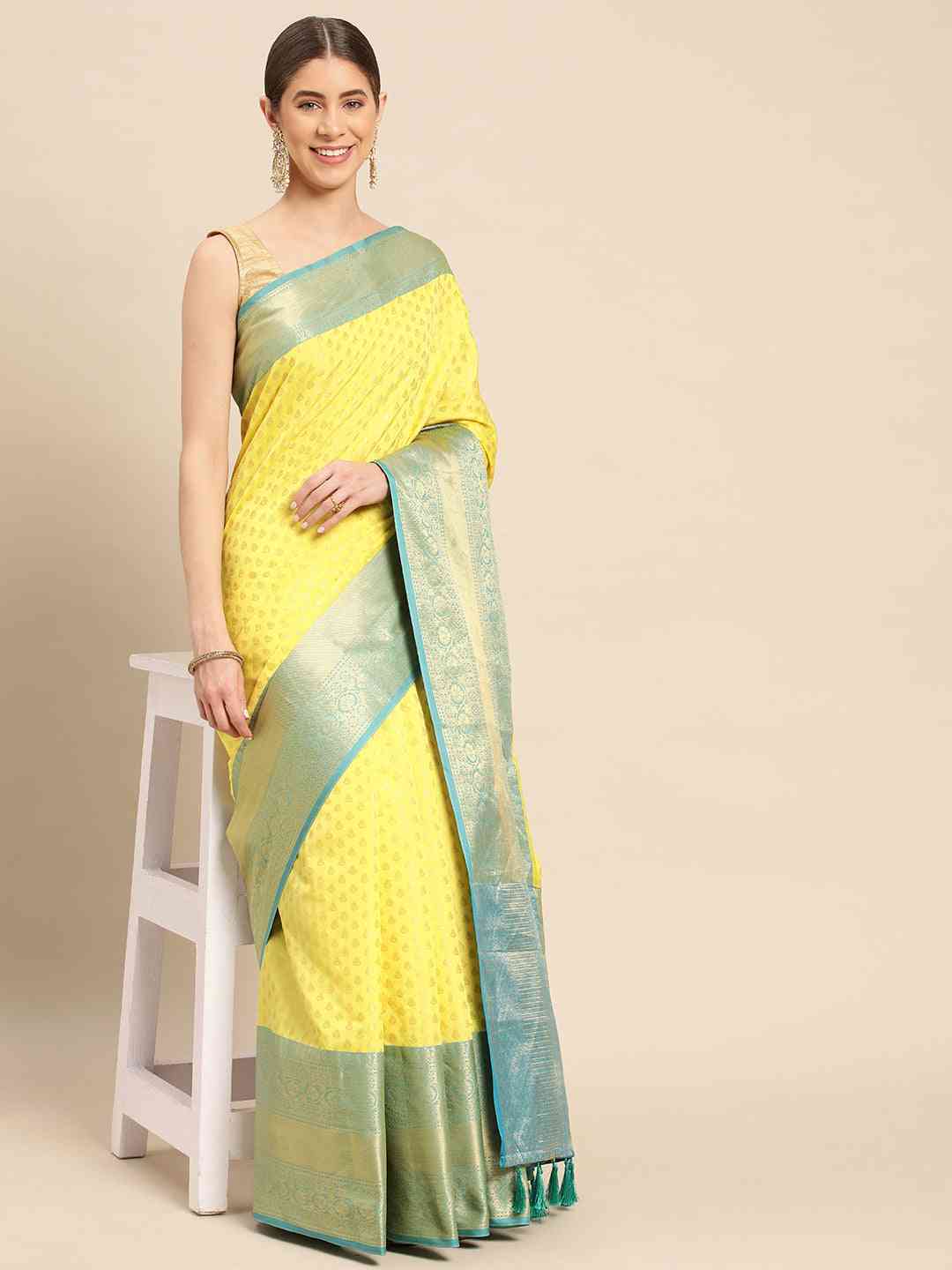 Yellow Banarasi Katan Butti Design Festive Wear Saree