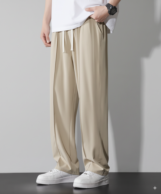 Beige Straight fit Pleated Pant with Drawstring