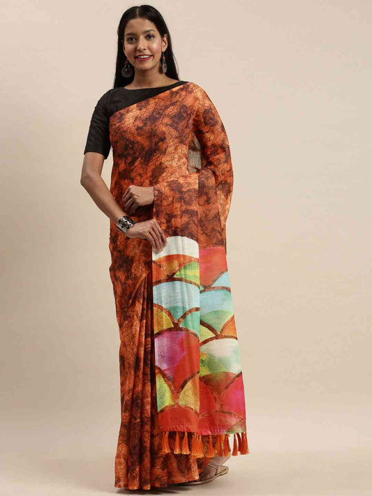 Exclusive Brown Colour Soft Linen Ombre Digital Print Festive Saree by My Store