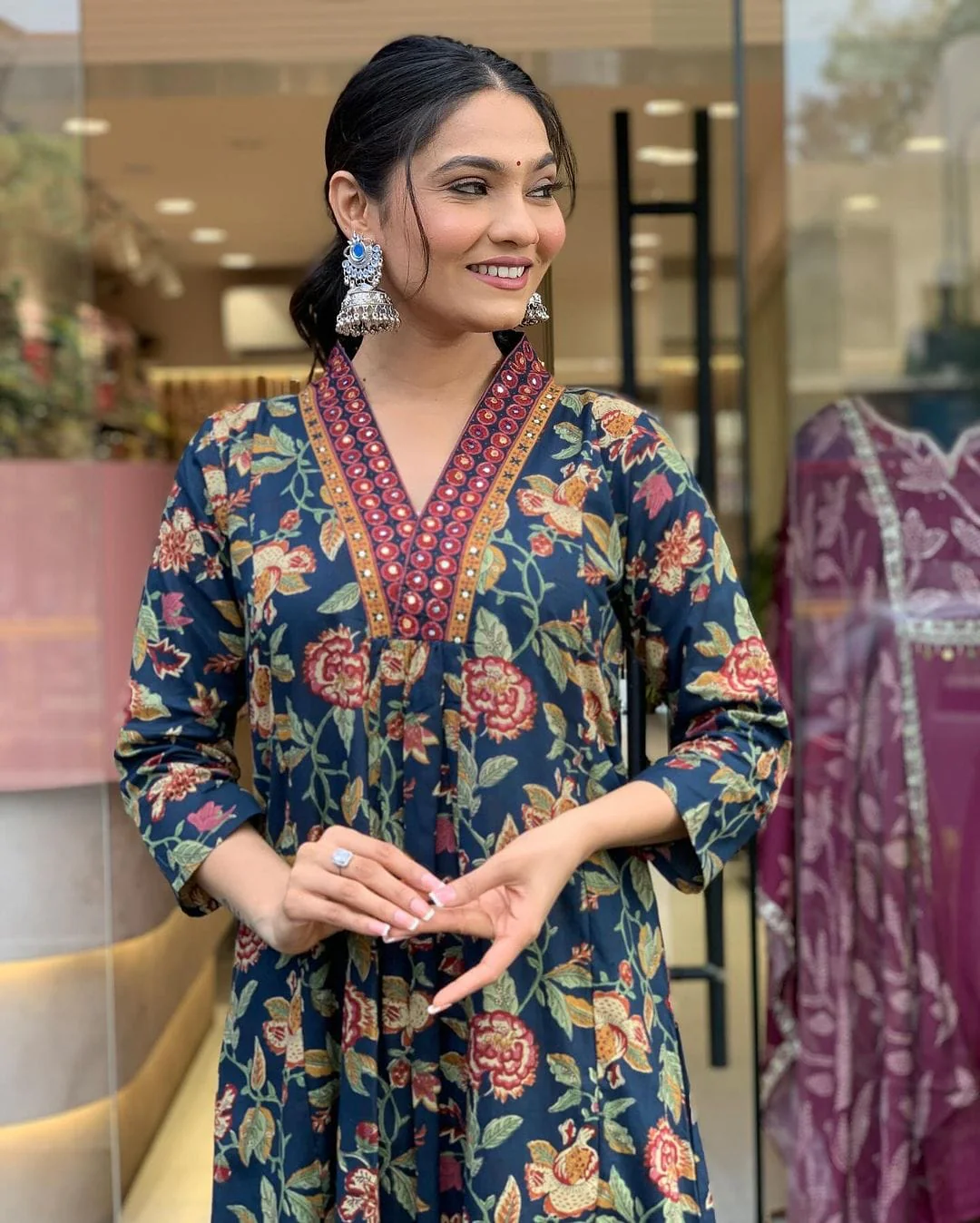 Elegant Blue Floral Printed Kurta Set with Dupatta