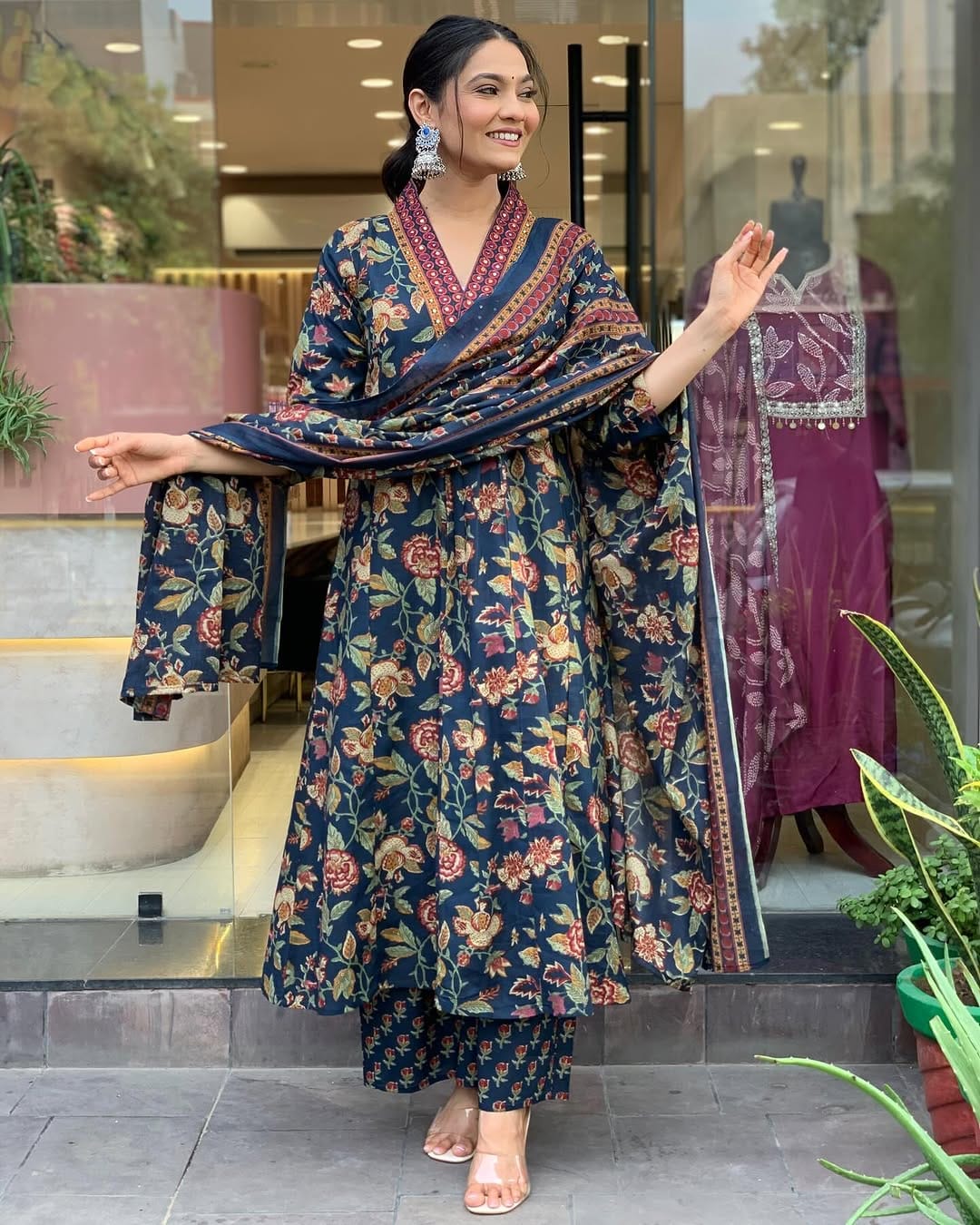 Elegant Blue Floral Printed Kurta Set with Dupatta