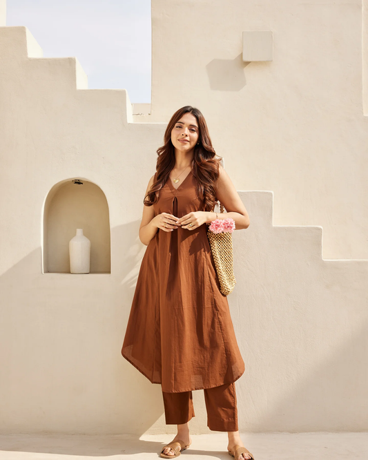 Trending Brown V-neack Kurta Set