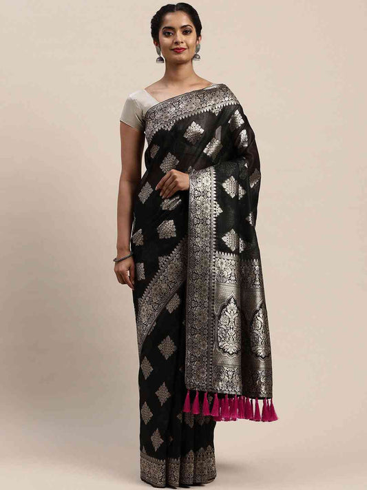 Stylish Black Colour Woven Design Cotton Saree by My Store