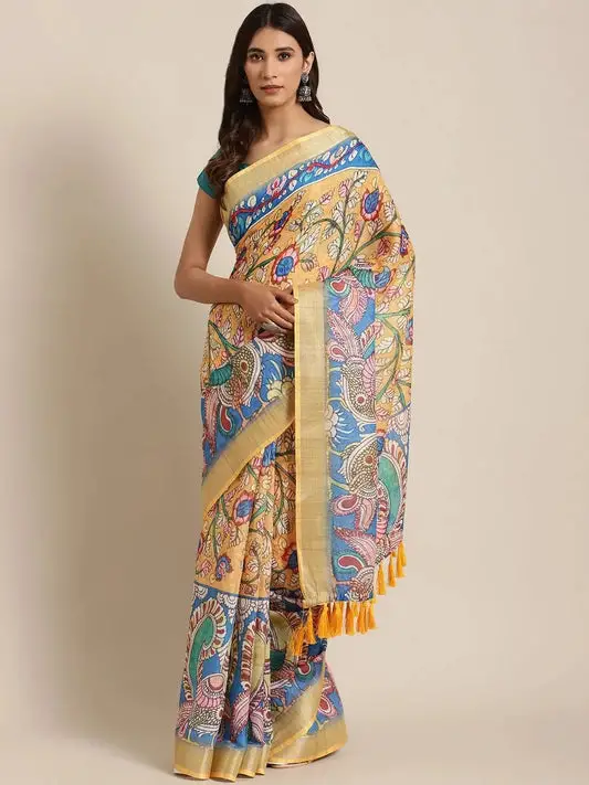 Beautiful Linen Blend Blue Colour Kalamkari Print Saree