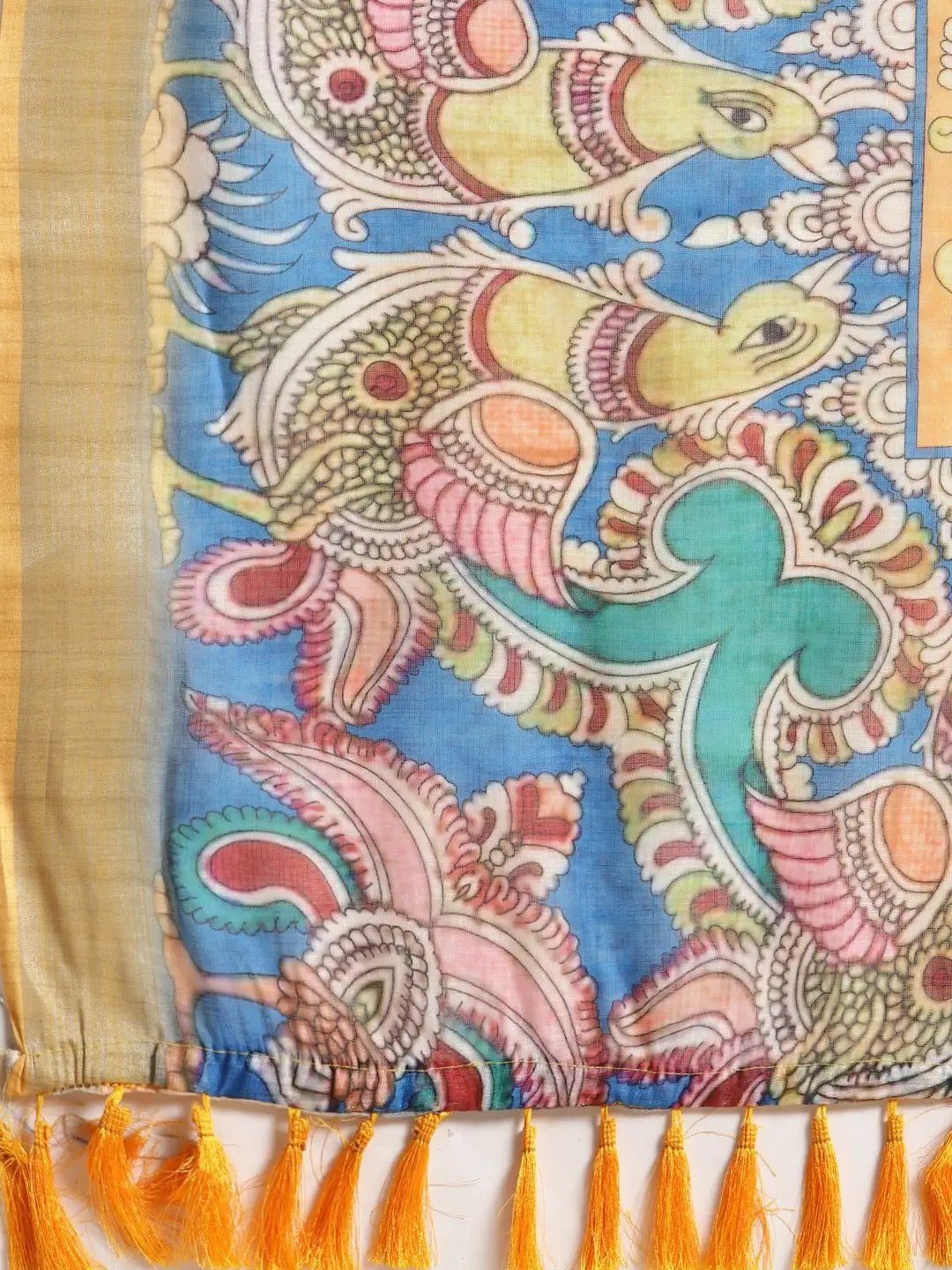 Beautiful Linen Blend Blue Colour Kalamkari Print Saree