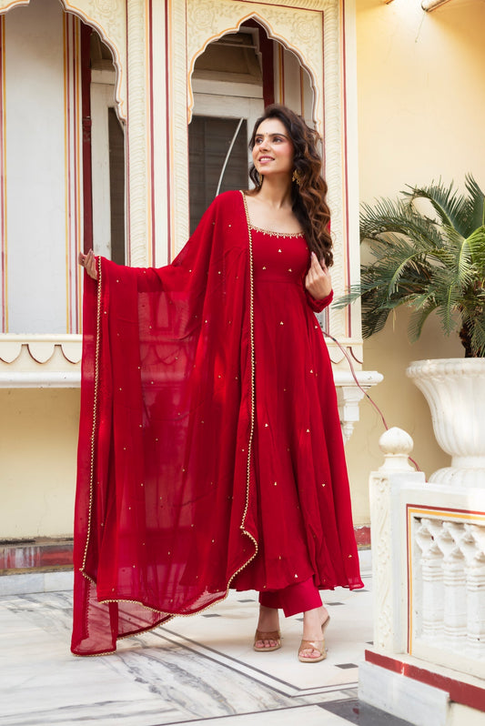 Radiate Elegance in This Red Hand Work Anarkali Suit by My Store
