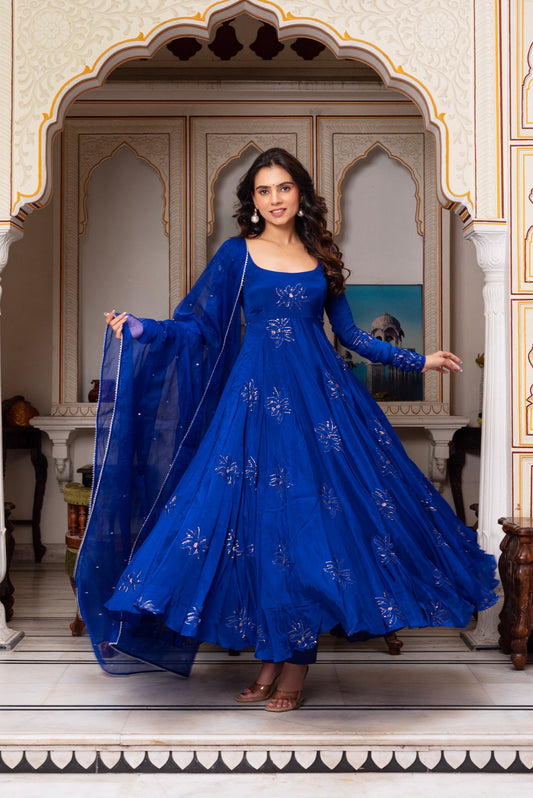 Blue Color Faux Georgette Thred & Sequnce Embroidered Work Anarkali Suit Set by My Store