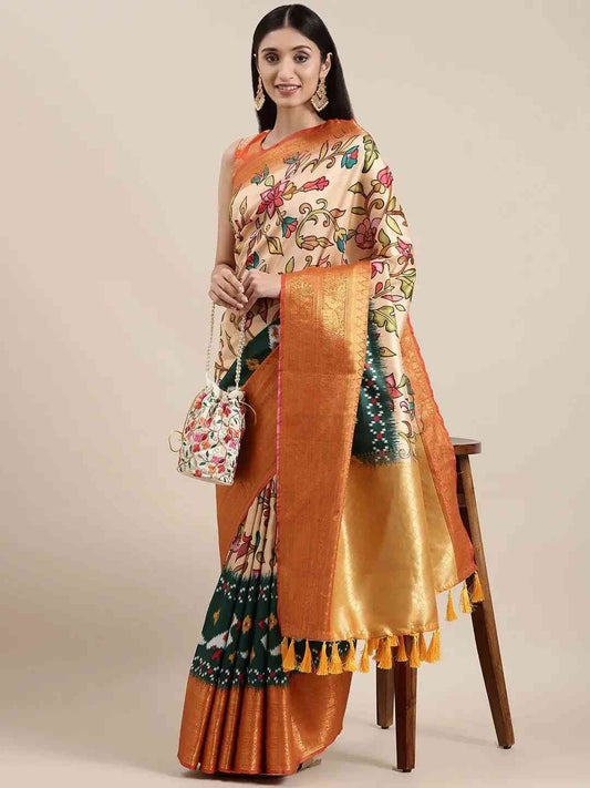 Cream Colour Kalamkari Print Kanjivaram Zari Silk Saree by My Store