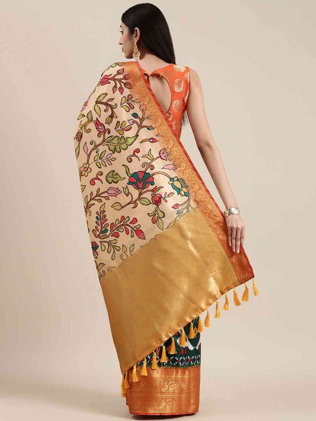Cream Colour Kalamkari Print Kanjivaram Zari Silk Saree by My Store