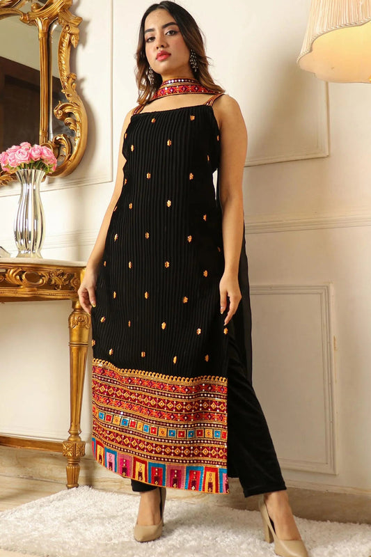 Georgette Embroidery  Straight Black Kurta Set