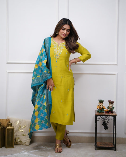 Silk Embroidered Yellow Kurta Set