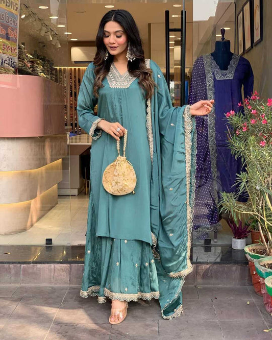Chinon Party Wear Sky Blue Sharara Suit