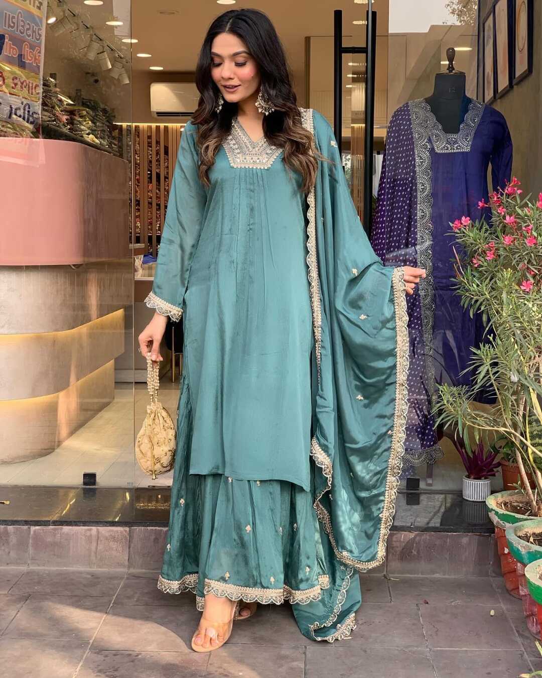 Chinon Party Wear Sky Blue Sharara Suit
