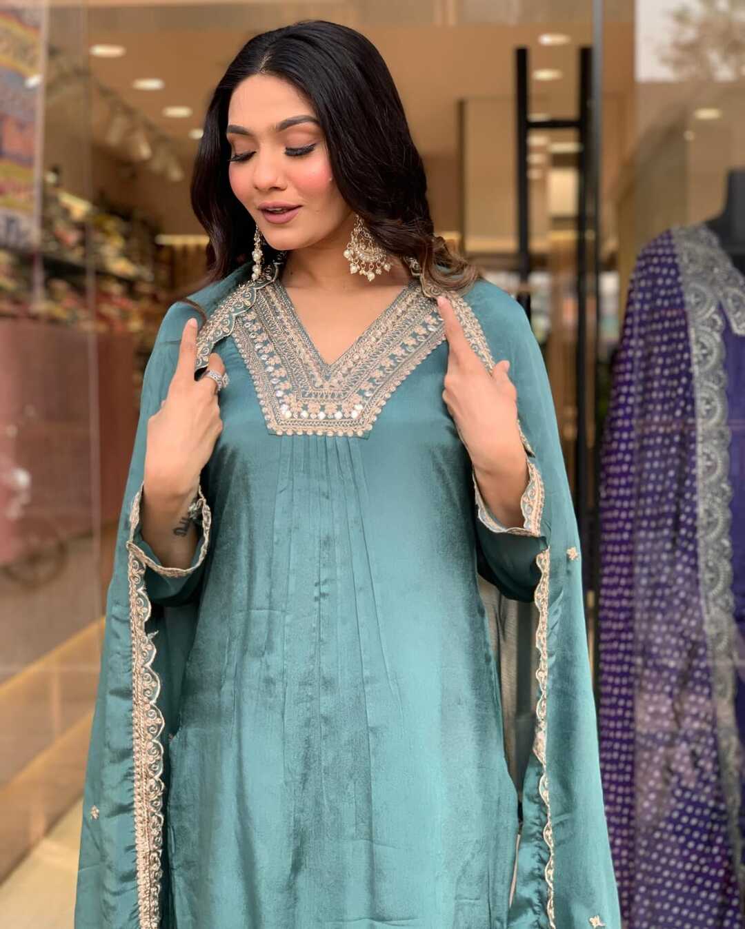 Chinon Party Wear Sky Blue Sharara Suit