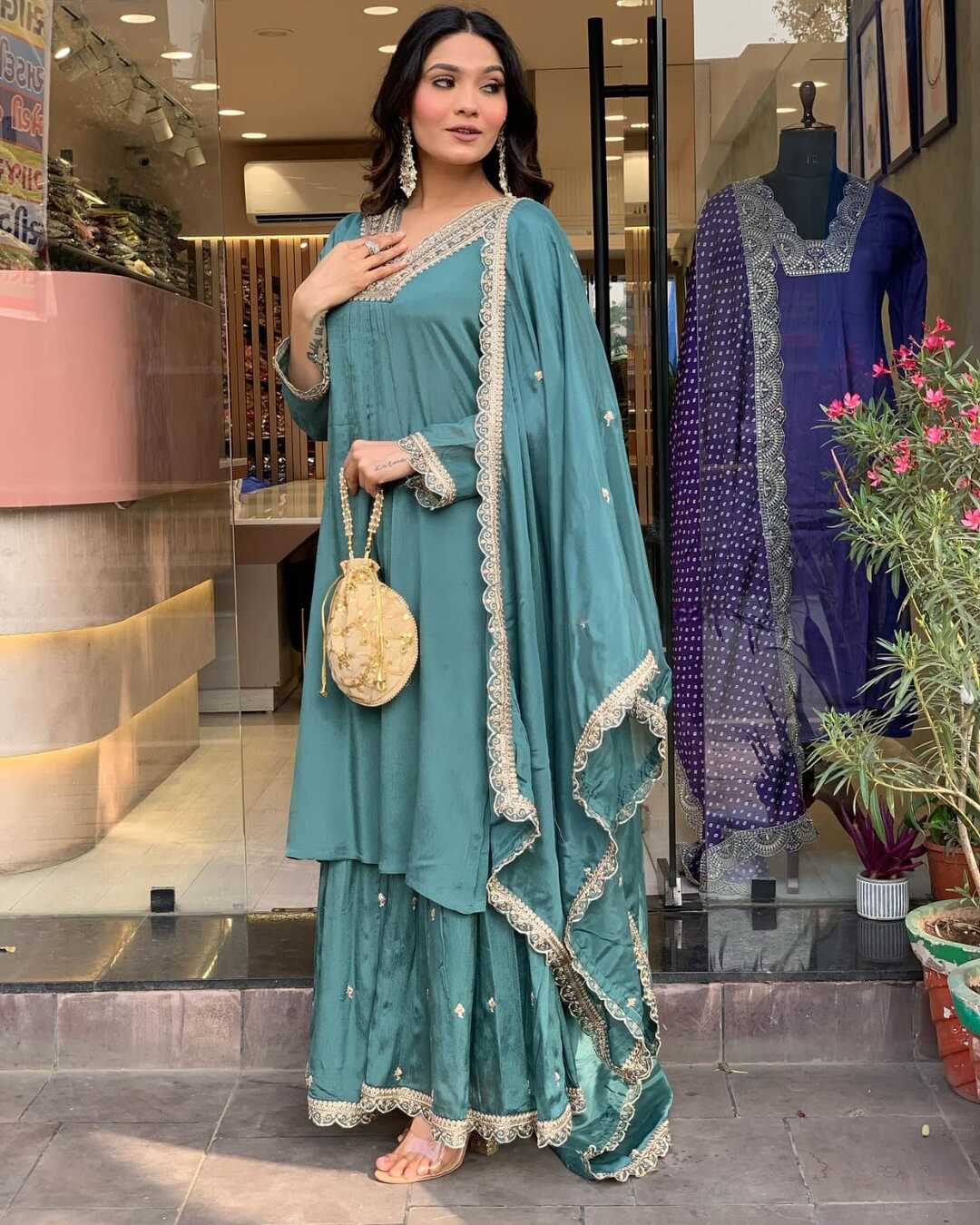 Chinon Party Wear Sky Blue Sharara Suit