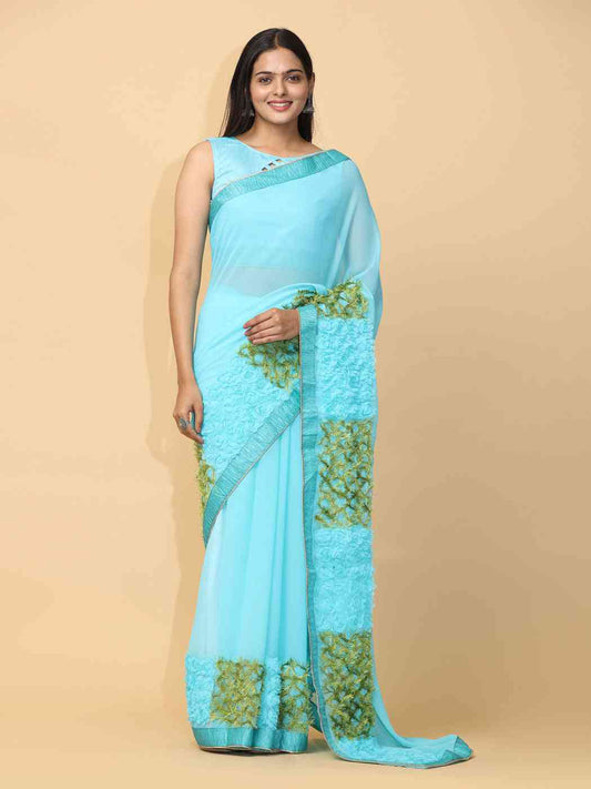 Sky Blue Colour Ribbon Poly Georgette Party Wear Saree by My Store