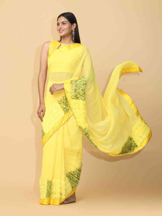 Yellow Colour Ribbon Poly Georgette Party Wear Saree