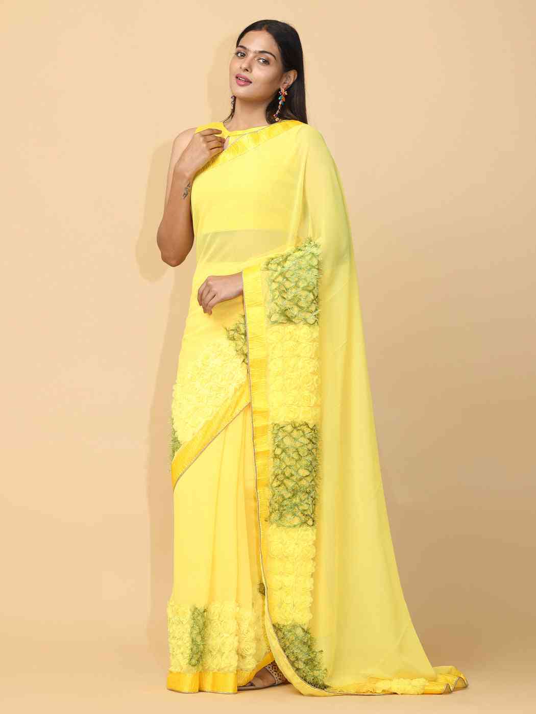 Yellow Colour Ribbon Poly Georgette Party Wear Saree