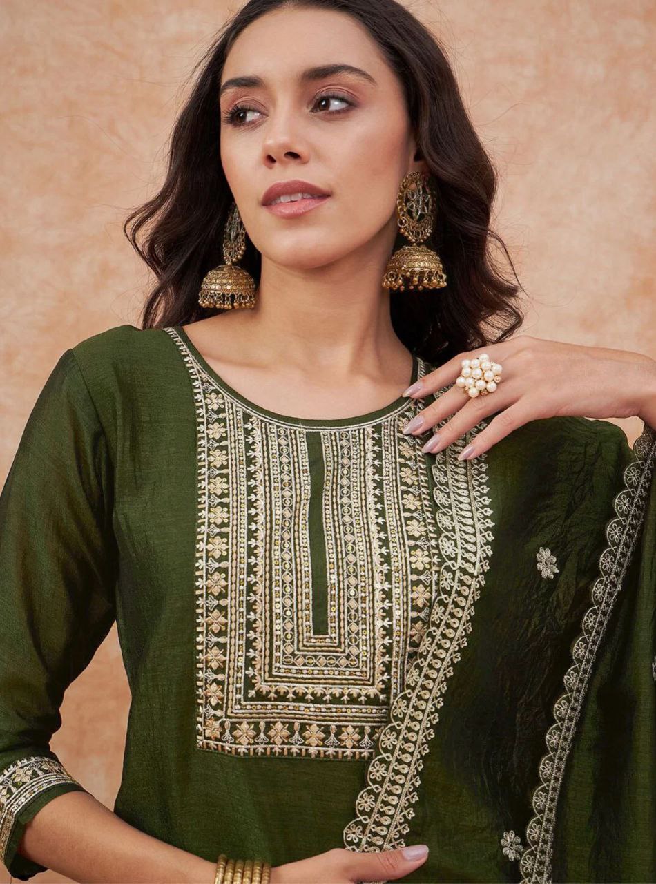 Radiant Gold Embroidered Kurta Set with Sheer Dupatta