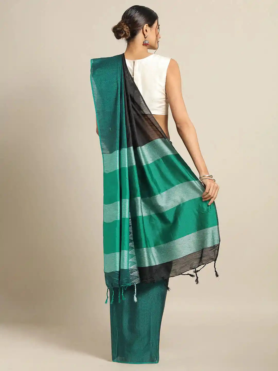 Stylish Green Linen Blend Woven Design And Zari Saree by My Store