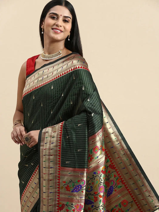 Exquisite Yevla Paithani Green Colour Minakari Work Silk Saree by My Store
