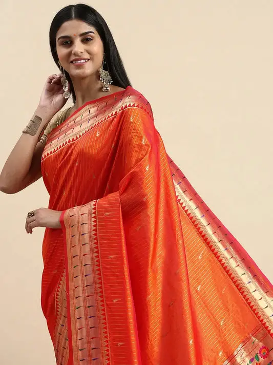Traditional Yevla Paithani Orange Colour Minakari Work Silk Saree